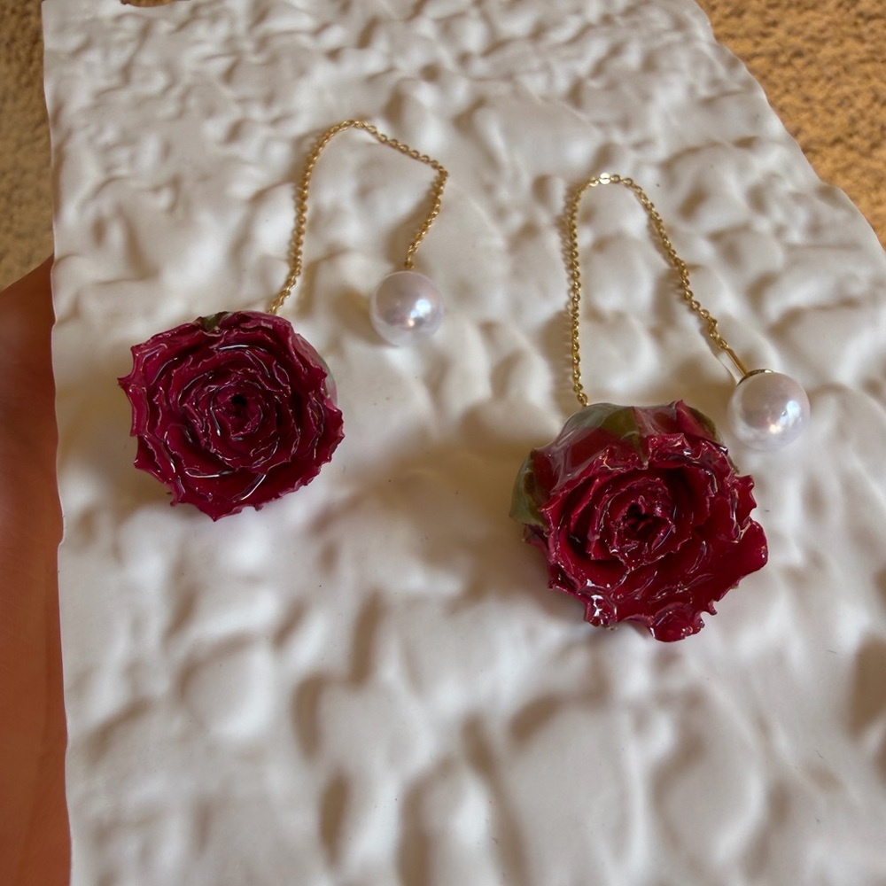 Rose Flower Dangle Earrings with Pearl - Picture 3 of 4